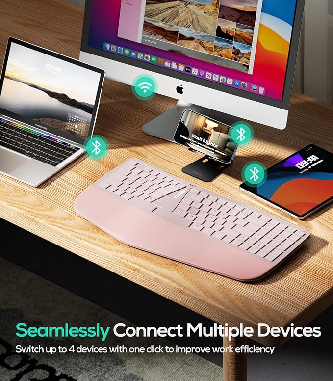 Nulea RT07B Wireless Ergonomic Keyboard - Split Keyboard, Wrist Rest, Natural Typing, Bluetooth and USB Connectivity, USB-C Rechargeable,Compatible with Windows Mac (Silver White)