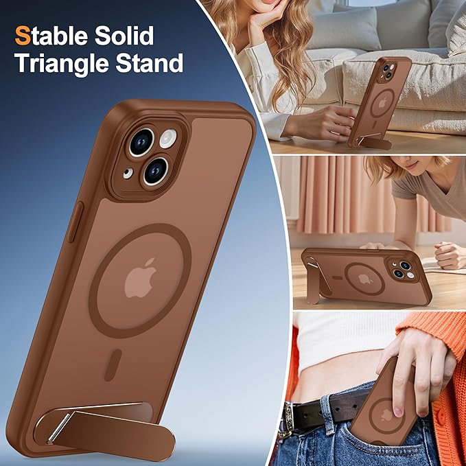 Magnetic Compatible with iPhone 15 Plus Case, [Built-in Kickstand][Full Camera Protection][Compatible with MagSafe][Anti-Fingerprint] Shockproof Phone Case for iPhone 15 Plus 6.7",Brown