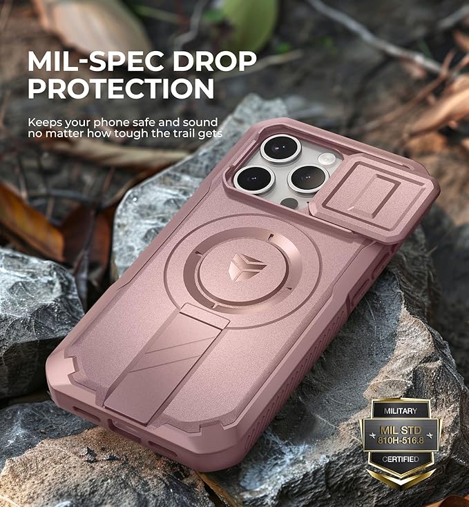 Dexnor for iPhone 15 Pro Case with Slide Camera Cover & Adjustable Kickstand & Built-in Screen Protector, Magnetic Rugged Shockproof Bumper Cases Heavy-Duty Magnetic Protective Cover,Peony Pink