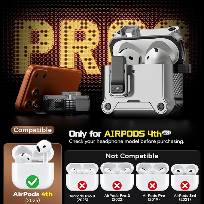 Inesore Compatible with AirPods 4 Generation Case,Secure Lock & Phone Stand Design,Compatible with MagSafe,Automatic Snap Switch Secure Cover for New AirPods 4th (2024)-Silver