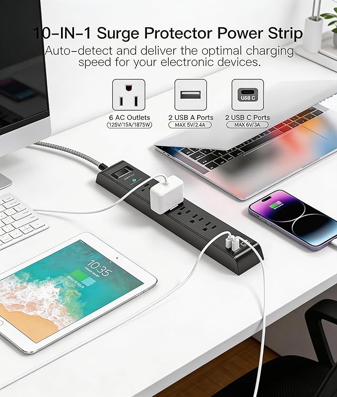 Surge Protector Power Strip 10FT, 10-in-1 with 6 AC Outlets 4 USB Ports(2 USB-C), Ultra Flat Plug Braided Extension Cord, Wall Mountable, 1080J Surge Protection, ETL Listed, Black