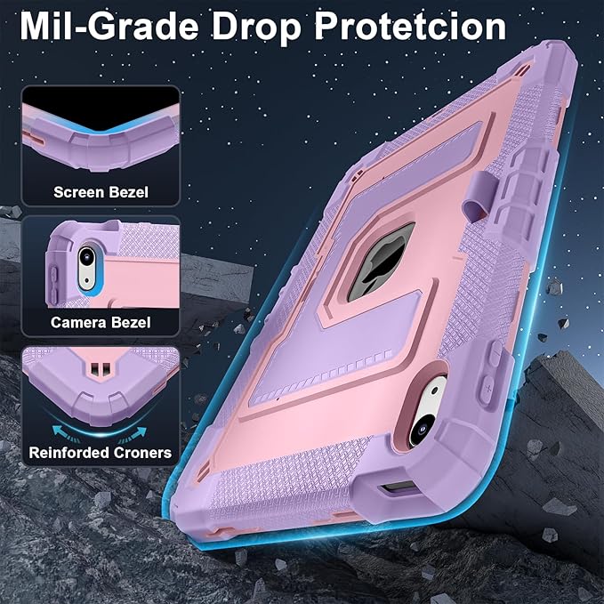 Kids Friendly Case for iPad A16 11th Generation 11 Inch 2025 / iPad 10th Generation 10.9" 2022 Case with Pencil Holder & Shoulder Strap, Hybrid iPad 11 10 Cover Rugged Shockproof Kickstand,Pink+Purple