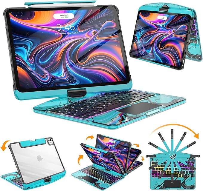 SIBEITU 360 Rotatable Wireless Keyboard Case for iPad Pro 13 Inch (M5 2025 / M4 2024), Multi-Touch Trackpad, 7-Color Backlight & 3-Brightness Levels, Clear Protective Cover with Pencil Holder, Blue
