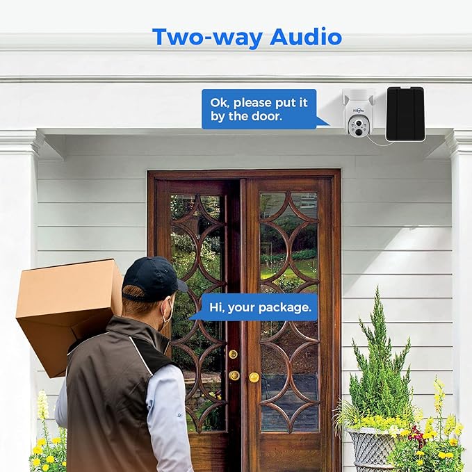 Hiseeu Solar Security Camera Outdoor, 4MP Wireless WiFi Camera, PTZ 360° View, PIR Motion Detection, Color Night Vision, IP66, 2-Way Audio, Compatible with Alexa (2PCS)