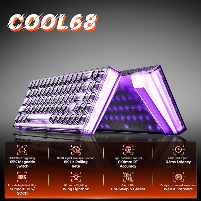 DAREU COOL68 60% Wired Gaming Keyboard, Rapid Trigger Magnetic Switch Keyboard with 8000Hz Polling Rate, Adjustable Actuation, 0.1ms Latency, Gasket Mount, Hot swappable, RGB Light