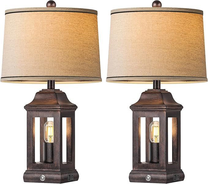24" Rustic Farmhouse Table Lamps for Living Room Set of 2, Touch Dimmable Nightlight Vintage Bedside Lamps with USB A+C Ports & Dual Light Sources for Bedroom Nightstand End Table, Antique Black