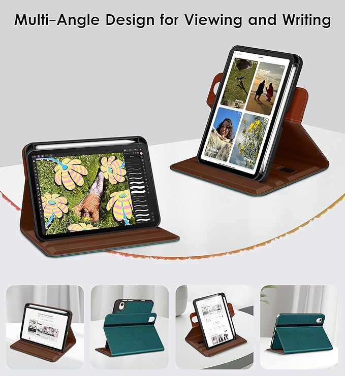 DTTO for iPad mini 7 (A17 Pro) Case, iPad mini 7th / 6th Generation Case (2024/2021), 360 Degree Rotating Premium Leather Folio Stand Cover with Pencil Holder, Green