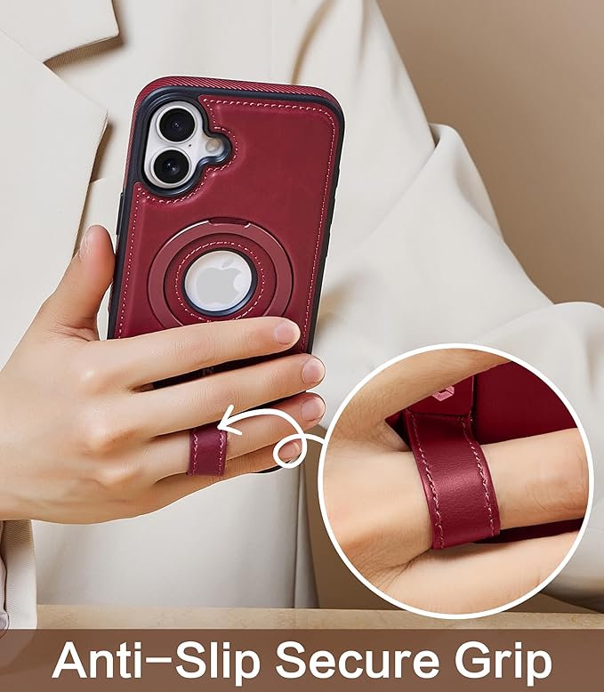 Butaiga for iPhone 16 Leather Case with Stand, Anti-Slip Grip Ring, Fits for MagSafe (Burgundy, iPhone 16)