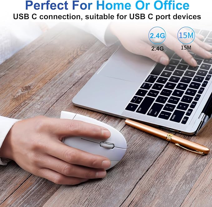 Type C Vertical Wireless Mouse, 2.4G USB C Wireless Mouse, Ergonomic Mouse with Type C Receiver for MacBook, Computer, Laptop and All Type C Devices (White)