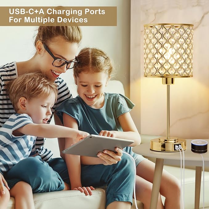 GyroVu Crystal Table Lamp for Bedroom, Touch Control Bedside Lamp with USB-C+A Ports, Dimmable Gold Bedside Lamp with Bulb, Nightstand Lamp Modern Light for Living Room