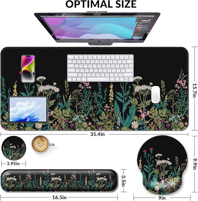 Desk Mat Set + Keyboard and Mouse Pad with Wrist Rest Support,4-in-1 Large Mousepad Computer Mats for Desktop Home & Office-Floral Flowers