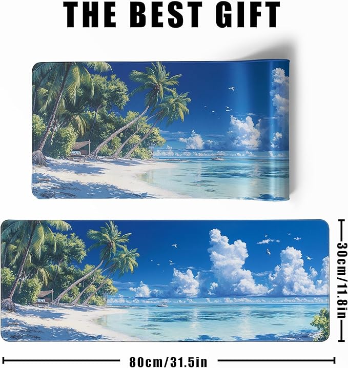 Desk Pad Gaming Mouse Pad Beach Large for Desk Computer Pc Laptop Office Decor, Mouse Keyboard Mat Stitched Edges Non-Slip Rubber 31.5x11.8 in