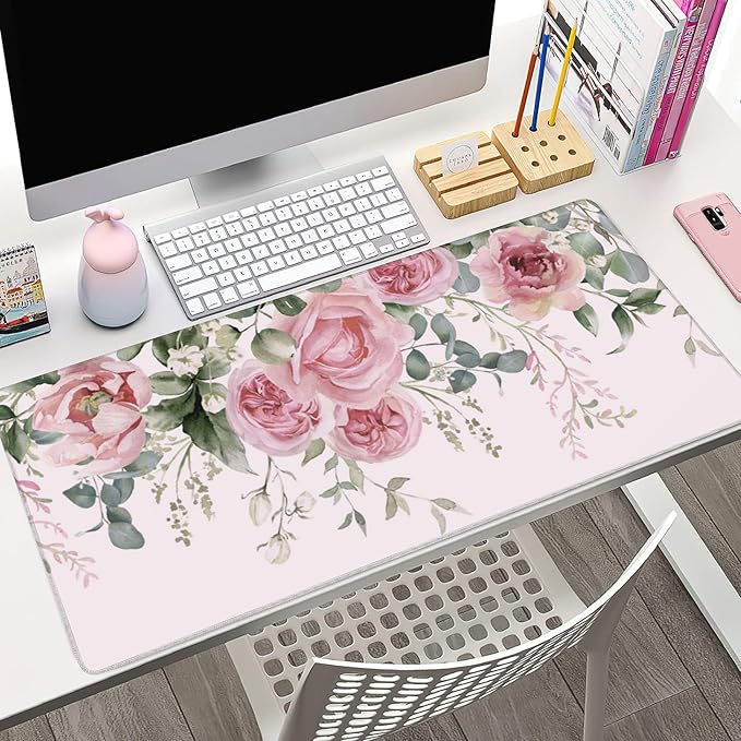 XXL Mouse Pad, Pink Peony Flowers Eucalyptus Green Leaves Large Desk Mat for Desktop, Extended Large Gaming Mouse Pad Mouse Mat with Non-Slip Rubber Base Stitched Edges for Home Office 35.4"X15.7"