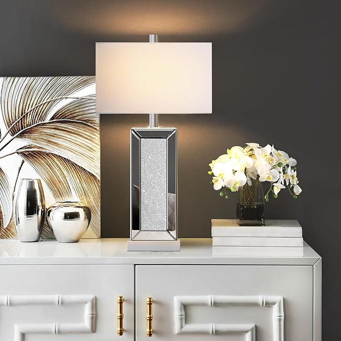 Modern Table Lamp Set of 2 Touch Control, Silver Mirror Diamond Crystal Bedside Lamp with USB C+A Ports, 3-Way Dimmable Mirrored Nightstand Lamps White Fabric Shade for Living Room Bedroom Art Decor