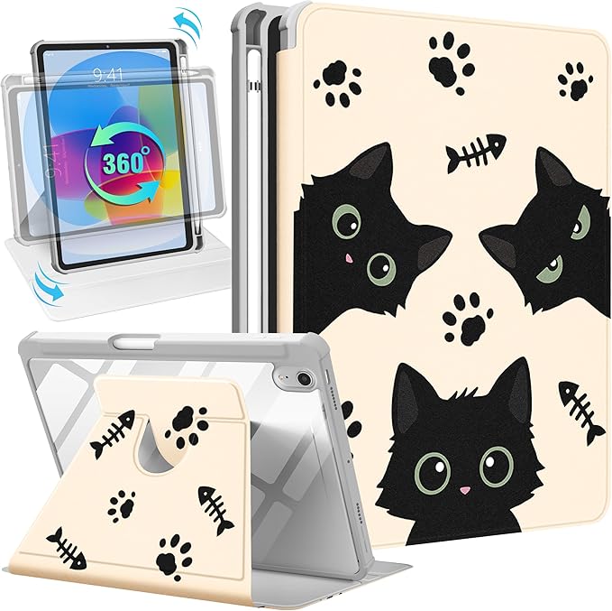 Uppuppy for iPad mini 7 Case (A17 Pro) for iPad mini 6th Generation Case - 360 Rotating Stand Folio Smart Cover with Pencil Holder for Women Girls, Black Cats for Apple Tablet Mini 8.3 inch 2024/2021