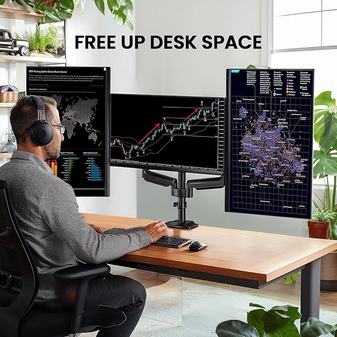 ErGear Triple Monitor Mount for 13-27 inch Screens, Premium Aluminum Triple Monitors Stand up to 17.6 lbs, Sturdy 3 Monitor Desk Mount with Swivel, Tilt, Rotation, Max VESA 100x100mm