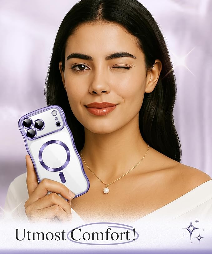 GVIEWIN for iPhone 17 Pro Case Compatible with MagSafe, Upgraded [Full Camera Protection][Cute Wave Frame][Military Grade Protection] Electroplated Hard Phone Cover for Women Girl, Clear/Purple