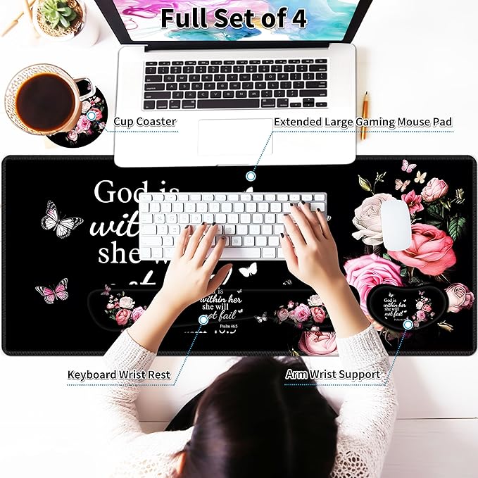 Large Gaming Mouse Pad Set 35.4 x 15.7 with Keyboard Wrist Rest, Wrist Support, and Coaster Memory Foam Smooth Desk Pad Mousepad for Home Office School - Floral Bible