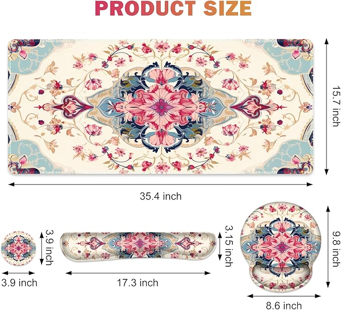 Gaming Mouse Pad, Large Desk Mat, Cute Desk Pad Protector, 4in1 XXL Mousepad + Keyboard Wrist Rest+Mouse Wrist Rest+Coaster Set with Ergonomic Desk Pad for Home Office Computer, Retro Style Pattern