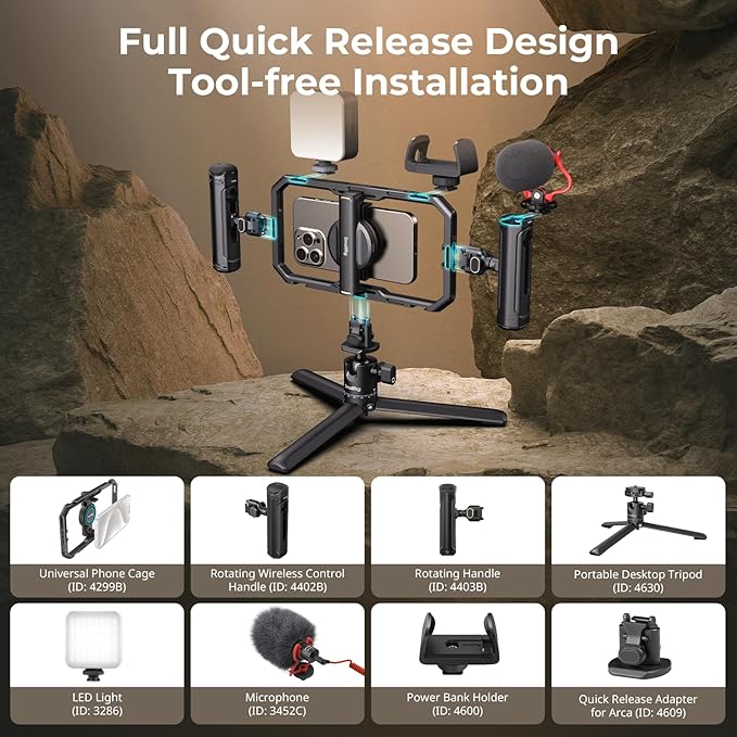 SmallRig All-in-One Universal Quick Release Phone Video Rig Kit Pro, Phone Stabilizer Rig Kit with LED Light Microphone QR Tripod Dual Handles Power Bank Holder, for Creator & Live Streaming - 4704