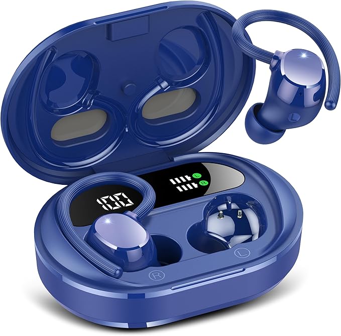Wireless Earbuds, 2024 New Ultralight Sport Bluetooth 5.3 Headphones in Ear with LED Display, Built-in Mic Earphones, IPX7 Waterproof Wireless Headphones with Earhooks (Dark Blue)