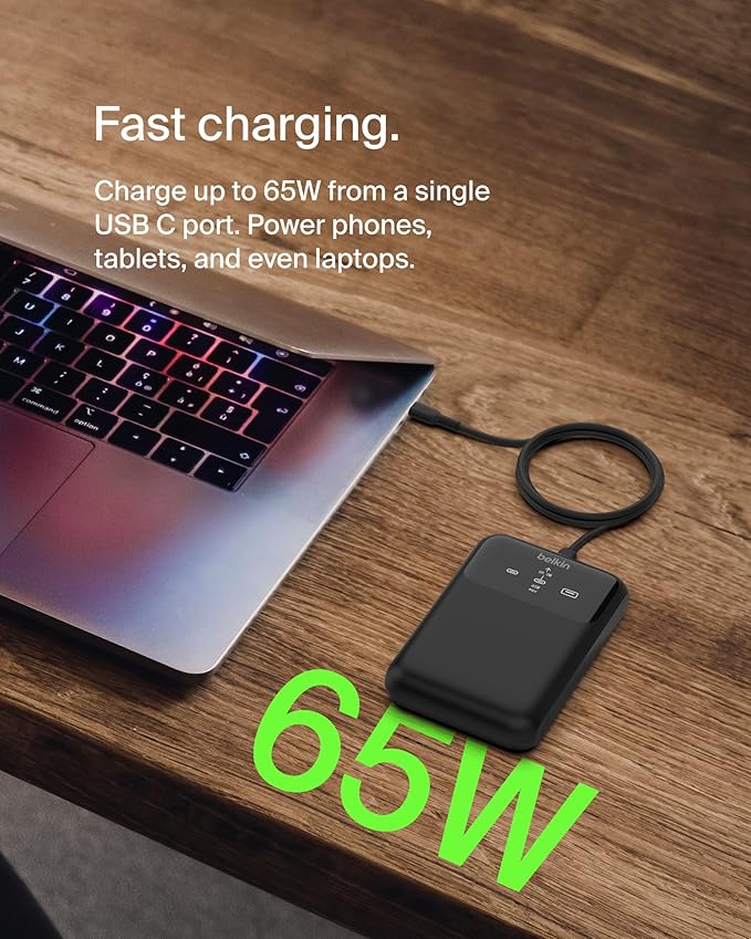 Belkin Portable Charger Power Bank, 3-Port Laptop Power Bank 20000 mAh, USB-A & USB-C Chargers Fast Charging 65W Ports for MacBook, Apple iPhone 17, iPad, Samsung Galaxy S25, Nintendo Switch 2 - Black