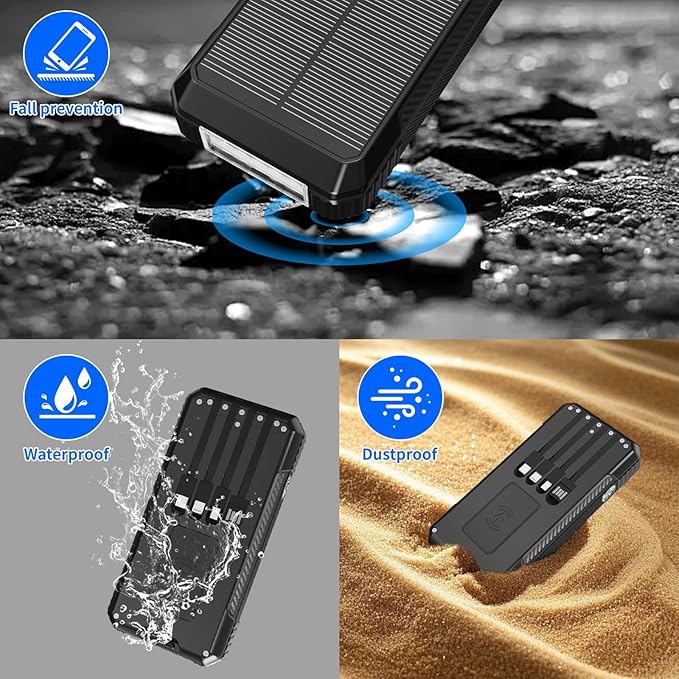 Solar Power Bank 49800mAh, Portable Charger with Built-in 4 Cables, 22.5W Fast Charging Solar Panel Charger for Traveling, Camping and Emergency(Black)