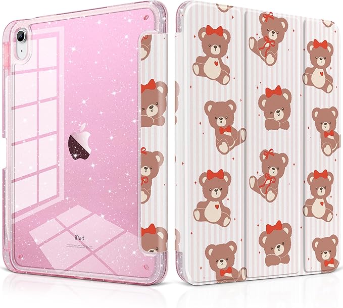 DONGKE for iPad Pro 11 inch Case – Fits M5 2025 / M4 2024, Shockproof Sparkling Glitter Acrylic Back, Pencil Holder, Trifold Stand, Auto Sleep/Wake & Touch ID Support - Lovely Bears