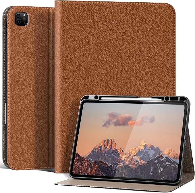for iPad Pro 12.9 6th /5th /4th /3rd Generation Case 2022/2021/2020/2018, Premium Leather Folio Stand Cover with Built-in Apple Pencil Holder -Auto Wake/Sleep and Multi Viewing Angles,Brown