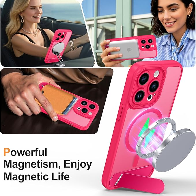 Magnetic Compatible with iPhone 13 Pro Case, [Built-in Kickstand][Full Camera Protection][Compatible with MagSafe][Anti-Fingerprint] Shockproof Phone Case for iPhone 13 Pro 6.1",Hot Pink