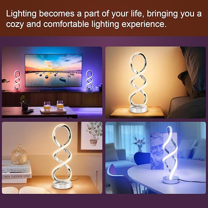 Modern Spiral RGB Table Lamp, Touch Dimmable Bedside Lamp, 7 Colors 10 Light Modes Spiral Design Table Lamp, Unique Nightstand Lamp for Living Room, Bedroom, Cool Lamps, Silver