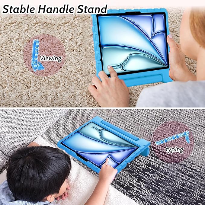 Dteck Kids Case for iPad Air 13 inch M2 2024, iPad Pro 13" Case 2024, Lightweight Shockproof Rugged EVA Kids Friendly Handle Kickstand Child Proof Protective Case with Pencil Holder, Blue