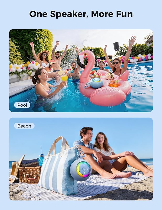 Shower Speaker Bluetooth Waterproof Portable: 360° Surround Sound, IPX7 Suction Cup Removable with Vacuum Exhaust Knob, RGB Lights, Beach/Pool/Camping/Kayak Essentials, Gifts for Mom Teens-Blue