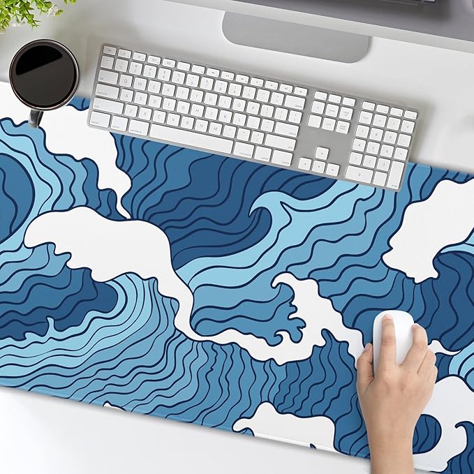 Japanese Blue and White Wave Gaming Mouse Pad XL Anime Sea Texture Extended Large Desk Mat Big Mousepad Non-Slip Rubber Base Stitched Edge Long Desk Pad for Desktop PC Computer Gamer,31.5×11.8 Inch