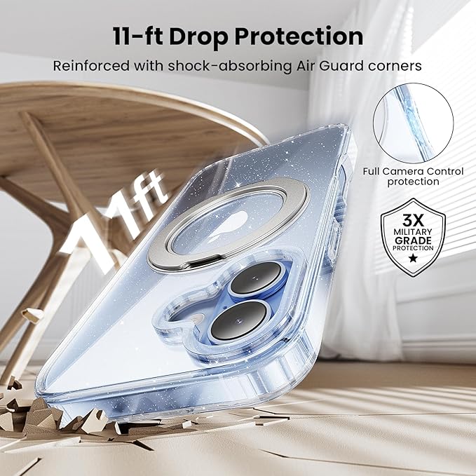 360° Ring Stand for iPhone 17 Case, Compatible with MagSafe, Military-Grade Protective,Anti-Yellowing, Scratch-Resistant Back Cover Phone Case for iPhone 17 6.3", Clear Glitter Stand