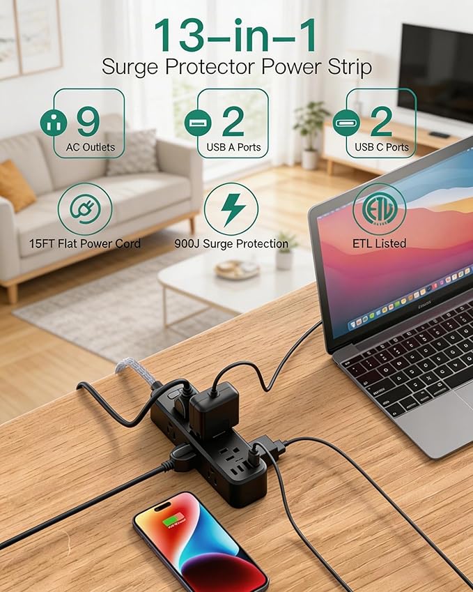 15FT Long Extension Cord with Surge Protector, 13-in-1 Power Strip with 9 Wide Spaced Outlets and 4 USB Ports, Flat Plug Wall Mount Charging Station for College Dorm Room Essentials, Office, Black