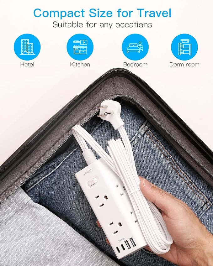 20Ft Extension Cord with Multiple Outlets, Flat Plug Power Strip Surge Protector with 20 Ft Long Cord, 6 Outlet 4 USB Ports (2 USB C), Multi Outlet Wall Plug for College, Dorm Room Essentials(White)