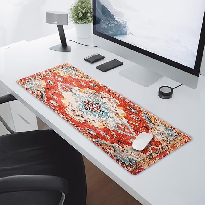Vintage Rug Mouse Pad XL Red Orange Retro Carpet Aesthetic Extended Table Mat 80X30 cm Non-Slip Rubber Base Stitched Edge Large XL Mousepad for Desk Gaming Laptop Desk Top,31.5×11.8 Inch