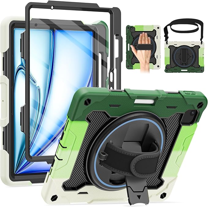 for Air 11 inch Case M3 2025 / M2 2024, Air 7th/6th Generation-with HD Screen Protector, 360 Rotating Kickstand/Hand Strap, Shoulder Strap, Pen Holder, Heavy Duty Military Grade- Kids Friendly