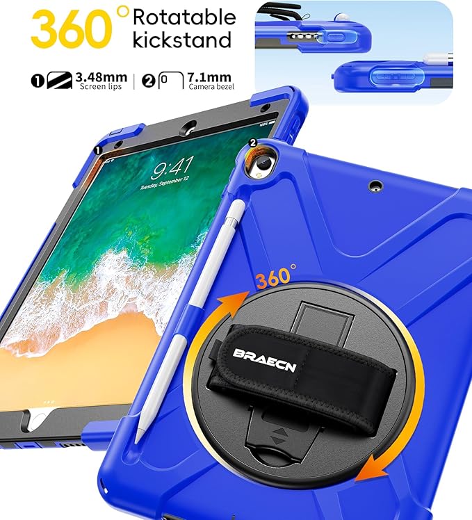 BRAECN Case for iPad Air 3rd Generation 2019 / iPad Pro 10.5 inch 2017, Rugged Heavy Duty Shockproof Cover with Pencil Holder, 360° Rotating Kickstand & Adjustable Hand Strap & Shoulder Strap for Kids