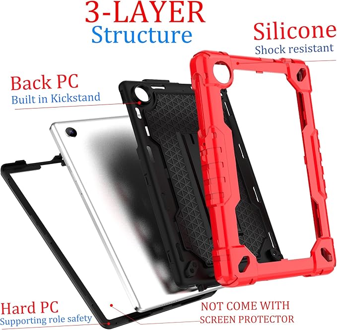 Case for for AT&T Amigo Jr. Tab 8 inch Tablet 9136K - [Built-in Kickstand] Anti Slip Kids Friendly Shockproof Silicone Protective Cover (Red/Black+2 PCS Glass)
