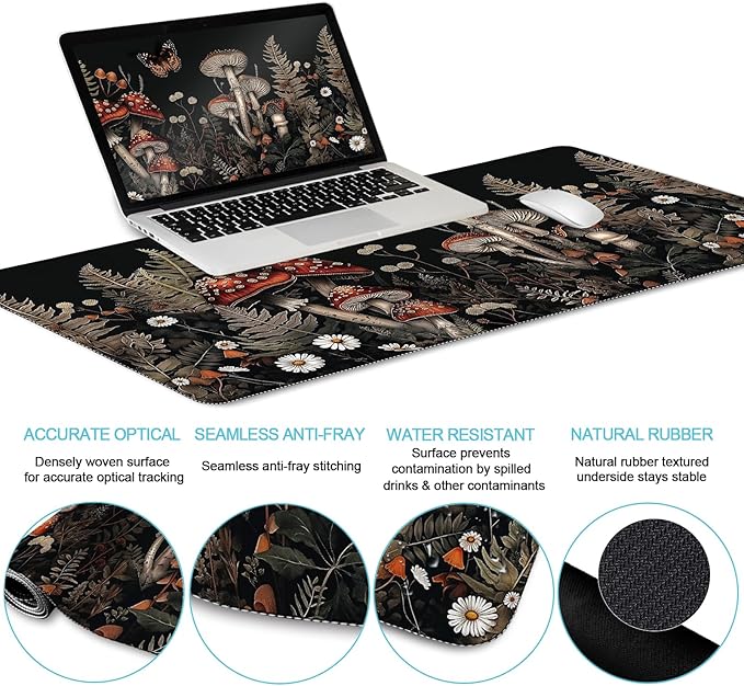 LIMKRIAN Mushroom Mouse Pad Set Large Desk Matt for Desktop, Ergonomic Mouse Pad with Wrist Rest, Gaming Mouse Pad Wrist Support Keyboard Mat Cup Coaster Set Office Desk Decor Accessories