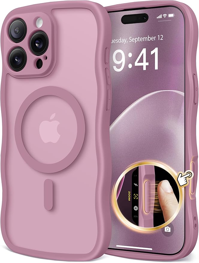 CAPRARO for iPhone 16 Pro Case for Women Girls, Upgraded [Full Camera Protection] [Compatible with MagSafe] Cute Wave Translucent Matte Phone Case for iPhone 16 Pro, Black Currant