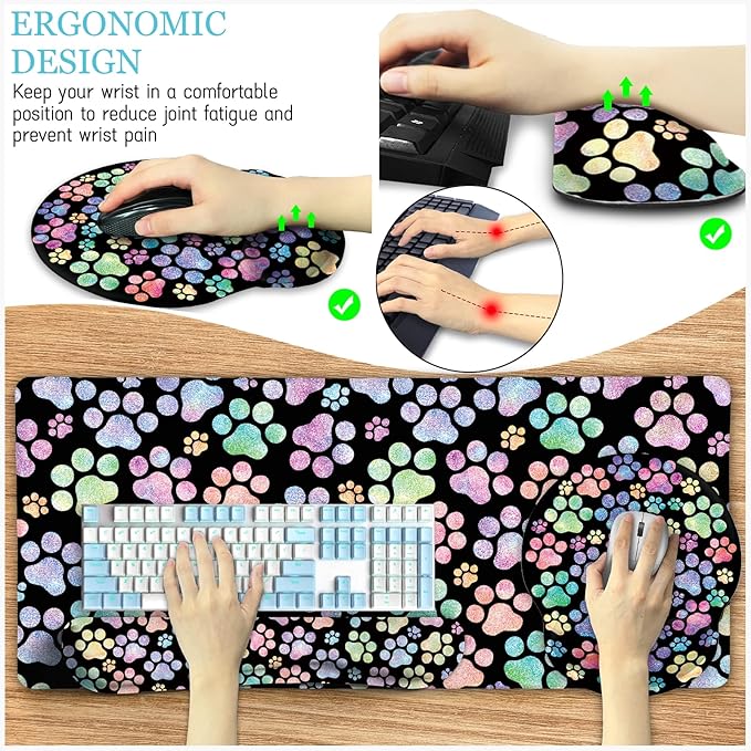LIMKRIAN Dog Paw Mouse Pad Set XXL Large Desk Mat Pad, Cute Ergonomic Mouse Pad with Wrist Support Wrist Rest for Computer Keyboard, Cup Coaster Cute Cat Paw Office Supplies Desk Decor Accessories
