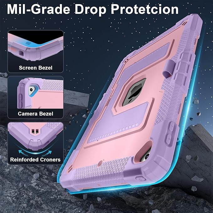 DreamerX for iPad 9th/8th/7th Generation Case (10.2 inch, 2021/2020/2019), Heavy Duty Military Grade Shockproof Protective Cover Stand Pencil Holder Shoulder Strap for iPad 9/8/7 Gen, Purple Rose Gold