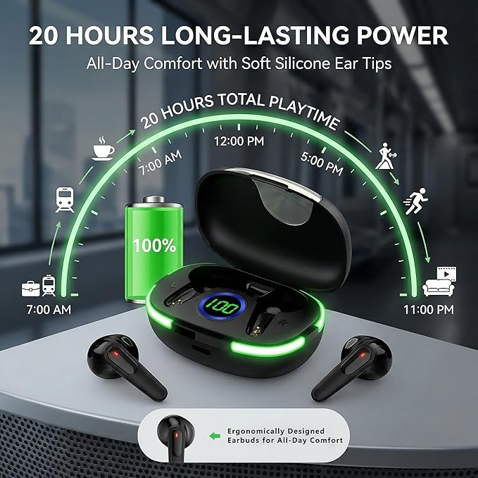 Wireless Bluetooth Earbuds, Bluetooth 5.3, 20-Hour Battery Life, Hi-Fi Stereo Sound, LED Digital Display, Waterproof Design, Suitable for Phones, Work, and Various scenarios.