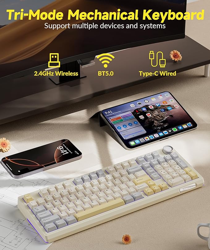 SOLAKAKA KI99 Pro 96% Wireless Gaming Keyboard, RGB Creamy Keyboardw with Knob, Hot-Swappable Pre-Lubed Switches, Gasket Structure Mechanical Keyboards (Beige-White, Non-Silent Version)