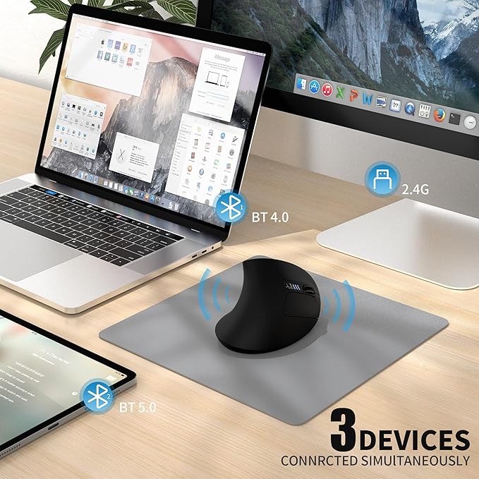Uineer Ergonomic Mouse, Wireless Bluetooth Rechargeable Vertical Mouse, 7 Color LED, 4 DPI Adjustable, USB-A, Wrist Strain Relief,Optical Mice for Computer/PC/Laptop, Black (Black)