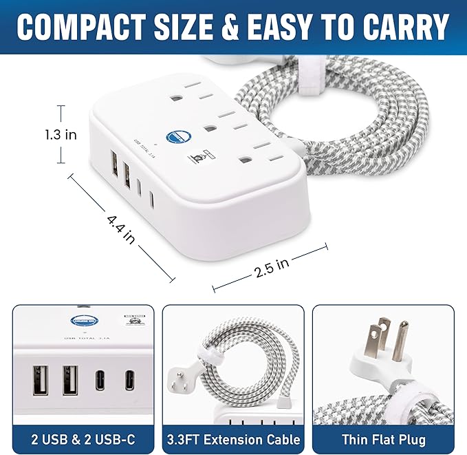 Cruise Approved Power Strip Non Surge Protector with 3.3 ft Travel Extension Cord and USB Ports [2 USB, 2 USB-C, 3 AC] Cruise Ship Essentials for Carnival, Princess, & Major Cruise Lines 2026 & 2027