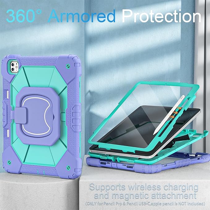 WESOROL for iPad Pro 13 Inch Case M5 2025/M4 2024 (7th Gen) with Screen Protector/360° Rotating Stand/Pencil Holder/Shoulder Strap,Military Grade Shockproof iPad Case 13 Inch Pro M5/M4,Purple Green